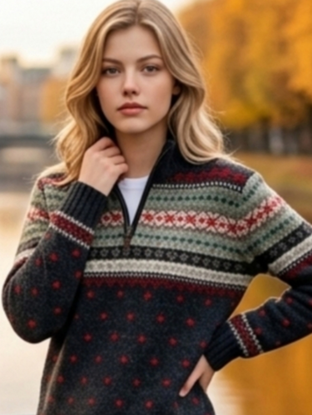 Lauren Ralph Lauren Fair Isle Quarter Zip Sweater Wool Blend Lg Hand Knit Preppy